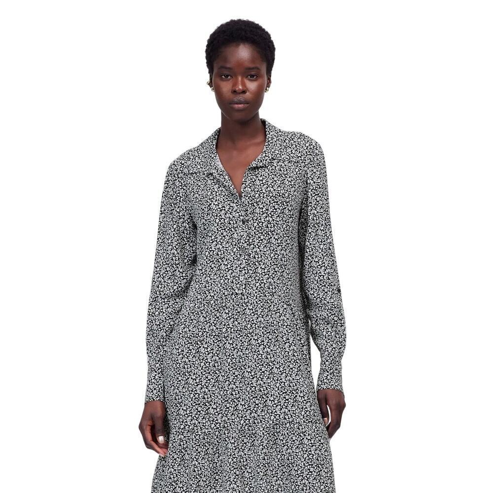 Madewell Black White Floral Tiered Mini Dress Long Sleeve Collared S NWT